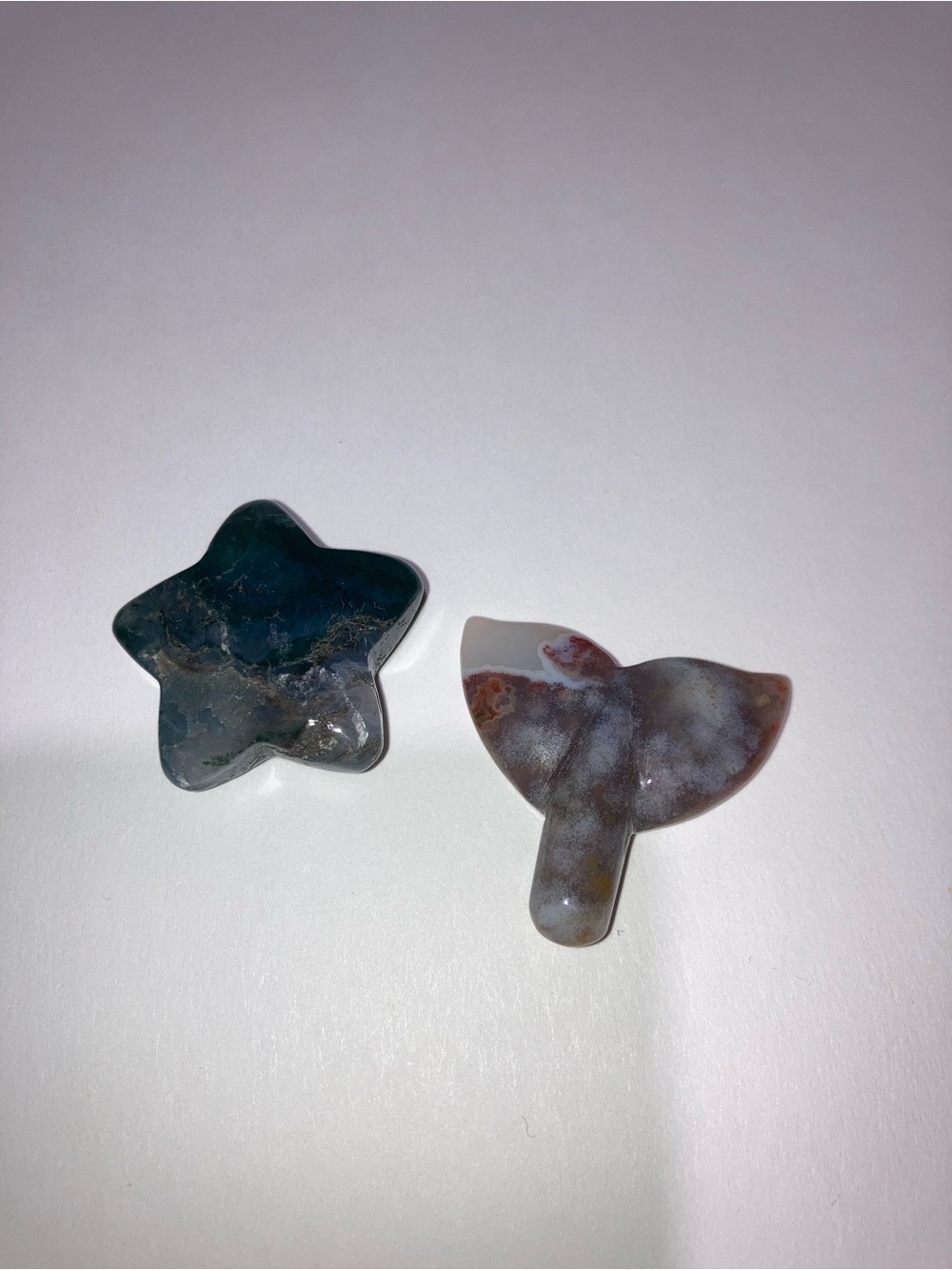 Polished Moss Agate Star & Whale Tail Carvings - Green & Brown